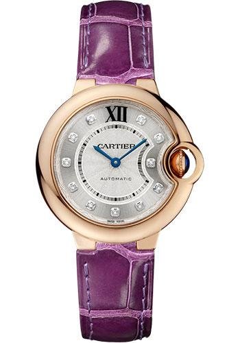 Cartier Ballon Bleu de Cartier Watch – 33 mm Pink Gold Case – Diamond Dial – Purple Alligator Strap – WE902040