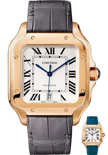 Cartier Santos de Cartier Watch – 39.8 mm Pink Gold Case – Silvered Dial – Dark Grey Alligator Strap – Quickswitch Bracelet – WGSA0011