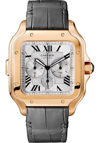 Cartier Santos de Cartier Chronograph Watch – 43.3 mm Pink Gold Case – Silver Dial – Both Bracelet – WGSA0017