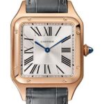 Cartier Santos-Dumont Watch – 43.5 mm Pink Gold Case – Silver Dial – Gray Strap – WGSA0021