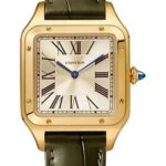 Cartier Santos-Dumont “La Baladeuse” Watch – 43.5 mm x 31.4 mm Yellow Gold Case – Champagne Dial – Green Patina Leather Strap – WGSA0027