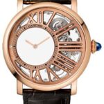 Cartier Rotonde de Cartier Mysterious Hour Skeleton 42 Mm Watch – 42 mm Pink Gold Case – Skeleton Dial – Dark Gray Leather Strap – WHRO0060