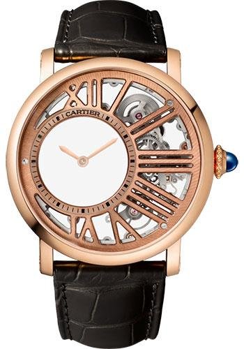 Cartier Rotonde de Cartier Mysterious Hour Skeleton 42 Mm Watch – 42 mm Pink Gold Case – Skeleton Dial – Dark Gray Leather Strap – WHRO0060