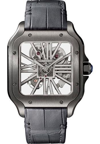 Cartier Santos de Cartier Watch – 39.8 mm Black Steel Case – Skeleton Dial – Black Black Alligator Strap – Both Bracelet – WHSA0009