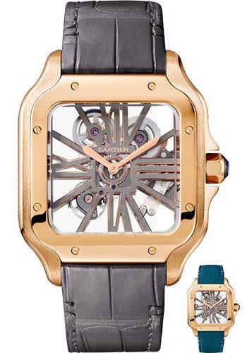 Cartier Santos de Cartier Watch – 39.8 mm Pink Gold Case – Skeleton Dial – Dark Grey Alligator Strap – Quickswitch Bracelet – WHSA0010