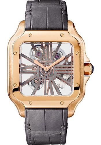 Cartier Santos de Cartier Watch – 39.8 mm Pink Gold Case – Skeleton Dial – Alligator And In Calfskin Strap – WHSA0018