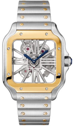 Cartier Santos De Cartier Skeleton Large Manual Yellow Gold and Steel Leather Interchangeable Metal and Leather Bracelets – WHSA0019