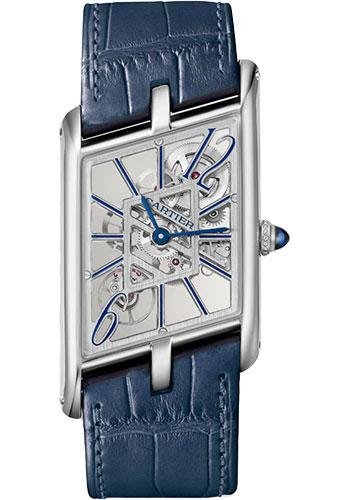 Cartier Tank Asymetrique Watch – 47.15 mm x 26.20 mm Platinum Case – Skeleton Dial – Navy Blue And Black Alligator Straps Limited Edition of 100 – WHTA0012