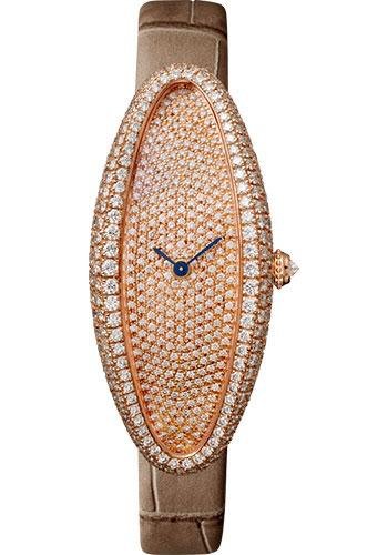 Cartier Baignoire Allongee Watch – 47 mm Pink Gold Diamond Case – Diamond Dial – Taupe Strap – WJBA0010