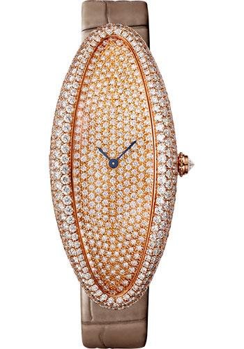 Cartier Baignoire Allongee Watch – 52 mm Pink Gold Diamond Case – Diamond Dial – Taupe Strap – WJBA0011