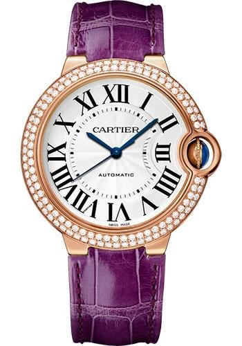 Cartier Ballon Bleu de Cartier Watch – 36 mm Pink Gold Diamond Case – Purple Patent Alligator Strap – WJBB0009