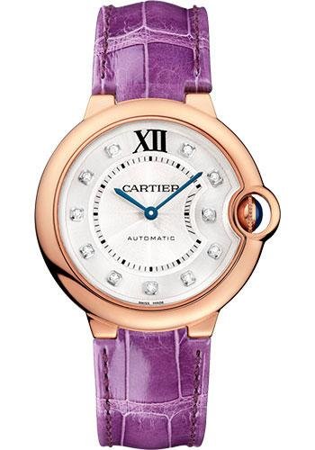 Cartier Ballon Bleu de Cartier Watch – 36 mm Pink Gold Case – Diamond Dial – Purple Alligator Strap – WJBB0010