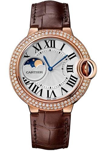 Cartier Ballon Bleu de Cartier Moonphase Watch – 37 mm Pink Gold Case – Diamond Paved Bezel – Silver Dial – Brown Alligatgor Strap – WJBB0027