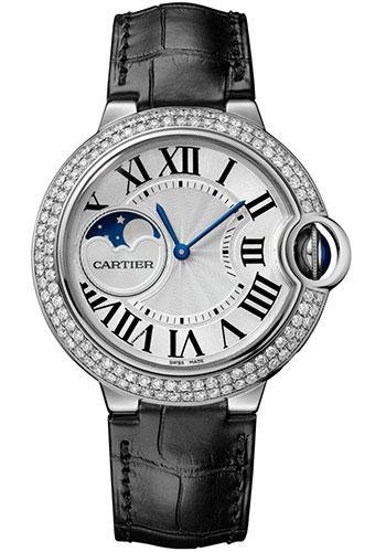 Cartier Ballon Bleu de Cartier Moonphase Watch – 37 mm White Gold Case – Diamond Paved Bezel – Silver Dial – Black Alligatgor Strap – WJBB0028