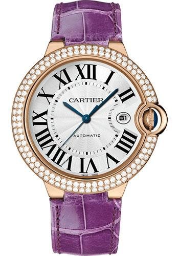 Cartier Ballon Bleu de Cartier Watch – 42 mm Yellow Gold Diamond Case – White Dial – Purple Alligator Strap – WJBB0031