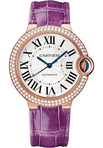 Cartier Ballon Bleu de Cartier Watch – 36 mm Rose Gold Diamond Case – Opaline Dial – Purple Alligator Strap – WJBB0050