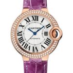 Cartier Ballon Bleu de Cartier Watch – 33 mm Rose Gold Diamond Case – Opaline Dial – Purple Alligator Strap – WJBB0051