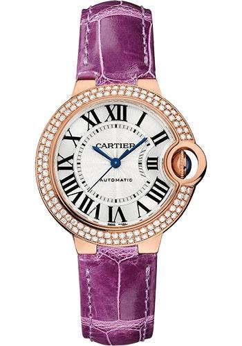 Cartier Ballon Bleu de Cartier Watch – 33 mm Rose Gold Diamond Case – Opaline Dial – Purple Alligator Strap – WJBB0051