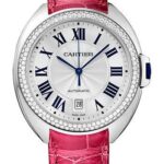 Cartier Cle De Cartier Watch – 40 mm White Gold Diamond Case – Diamond Bezel – Silver Dial – Fuchsia Pink Alligator Strap – WJCL0011