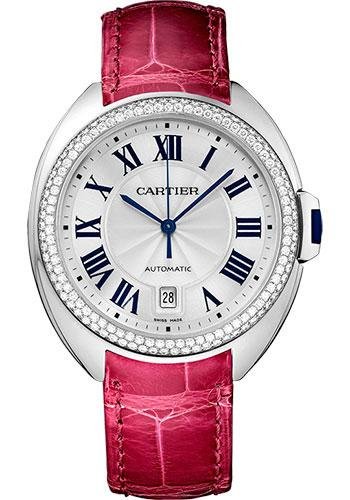 Cartier Cle De Cartier Watch – 40 mm White Gold Diamond Case – Diamond Bezel – Silver Dial – Fuchsia Pink Alligator Strap – WJCL0011