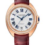 Cartier Cle De Cartier Watch – 35 mm Pink Gold Diamond Case – Diamond Bezel – Silver Dial – Bordeaux Alligator Strap – WJCL0013