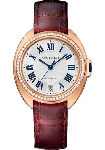 Cartier Cle De Cartier Watch – 35 mm Pink Gold Diamond Case – Diamond Bezel – Silver Dial – Bordeaux Alligator Strap – WJCL0013