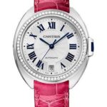 Cartier Cle De Cartier Watch – 35 mm White Gold Diamond Case – Diamond Bezel – Silver Dial – Fuchsia Pink Alligator Strap – WJCL0014