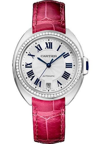 Cartier Cle De Cartier Watch – 35 mm White Gold Diamond Case – Diamond Bezel – Silver Dial – Fuchsia Pink Alligator Strap – WJCL0014