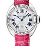 Cartier Cle De Cartier Watch – 31 mm White Gold Diamond Case – Diamond Bezel – Silver Dial – Fuchsia Pink Alligator Strap – WJCL0015