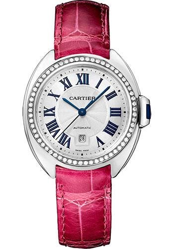 Cartier Cle De Cartier Watch – 31 mm White Gold Diamond Case – Diamond Bezel – Silver Dial – Fuchsia Pink Alligator Strap – WJCL0015