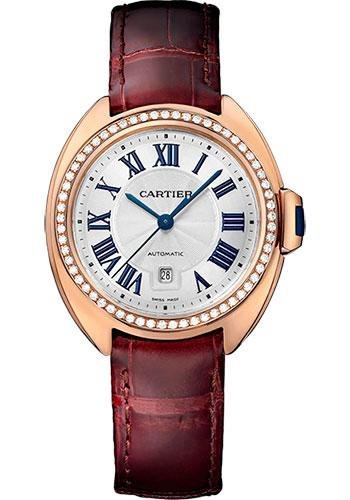 Cartier Cle De Cartier Watch – 31 mm Pink Gold Diamond Case – Diamond Bezel – Silver Dial – Bordeaux Alligator Strap – WJCL0016