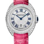 Cartier Cle De Cartier Diamond Paved Watch – 31 mm White Gold Diamond Case – Diamond Bezel – Silver Dial – Fuchsia Pink Alligator Strap – WJCL0017