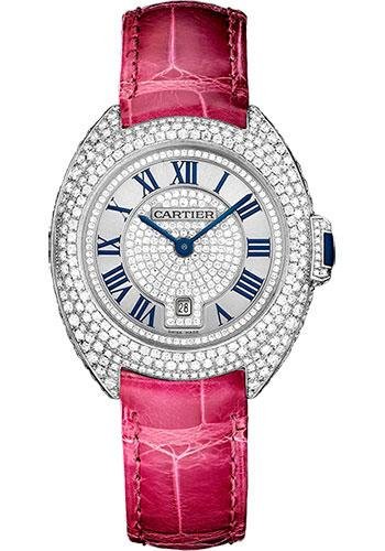 Cartier Cle De Cartier Diamond Paved Watch – 31 mm White Gold Diamond Case – Diamond Bezel – Silver Dial – Fuchsia Pink Alligator Strap – WJCL0017