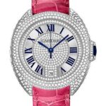 Cartier Cle De Cartier Watch – 35 mm White Gold Diamond Case – Diamond Bezel – Silver Diamond Dial – Fuchsia Pink Alligator Strap – WJCL0018