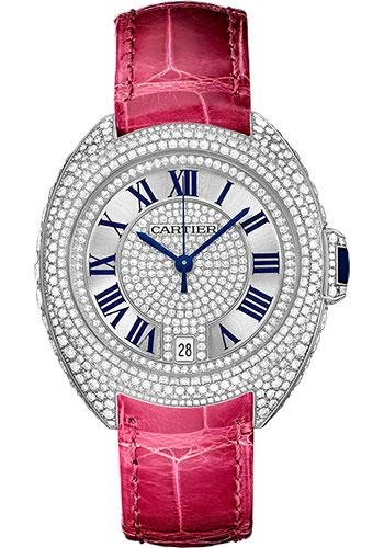 Cartier Cle De Cartier Watch – 35 mm White Gold Diamond Case – Diamond Bezel – Silver Diamond Dial – Fuchsia Pink Alligator Strap – WJCL0018