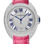 Cartier Cle De Diamond Paved Cartier Watch – 40 mm White Gold Diamond Case – Diamond Bezel – Silver Dial – Fuchsia Pink Alligator Strap – WJCL0019