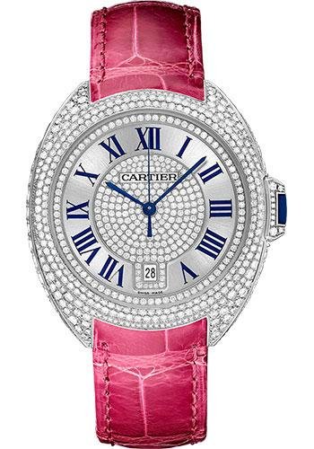 Cartier Cle De Diamond Paved Cartier Watch – 40 mm White Gold Diamond Case – Diamond Bezel – Silver Dial – Fuchsia Pink Alligator Strap – WJCL0019