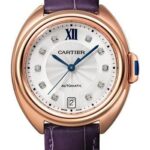 Cartier Cle de Cartier Watch – 35 mm Pink Gold Case – Silvered Flinque Diamond Dial – Aubergine Alligator Strap – WJCL0032