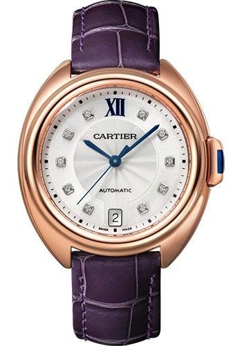 Cartier Cle de Cartier Watch – 35 mm Pink Gold Case – Silvered Flinque Diamond Dial – Aubergine Alligator Strap – WJCL0032