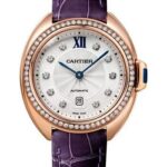 Cartier Cle de Cartier Watch – 31 mm Pink Gold Diamond Case – Diamond Bezel – Silvered Flinque Dial – Aubergine Alligator Strap – WJCL0038