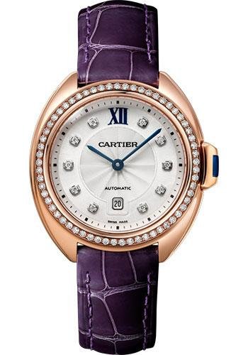 Cartier Cle de Cartier Watch – 31 mm Pink Gold Diamond Case – Diamond Bezel – Silvered Flinque Dial – Aubergine Alligator Strap – WJCL0038