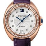 Cartier Cle de Cartier Watch – 35 mm Pink Gold Diamond Case – Diamond Bezel – Silvered Flinque Dial – Aubergine Alligator Strap – WJCL0039