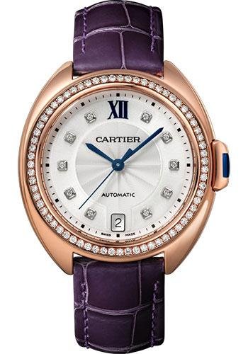 Cartier Cle de Cartier Watch – 35 mm Pink Gold Diamond Case – Diamond Bezel – Silvered Flinque Dial – Aubergine Alligator Strap – WJCL0039