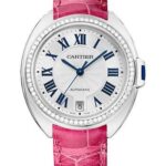 Cartier Cle de Cartier Watch – 35 mm White Gold Diamond Case – White Dial – Fuchsia Pink Alligator Strap – WJCL0049