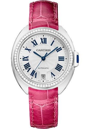 Cartier Cle de Cartier Watch – 35 mm White Gold Diamond Case – White Dial – Fuchsia Pink Alligator Strap – WJCL0049