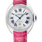 Cartier Cle de Cartier Watch – 31 mm White Gold Diamond Case – White Dial – Fuchsia Pink Alligator Strap – WJCL0050