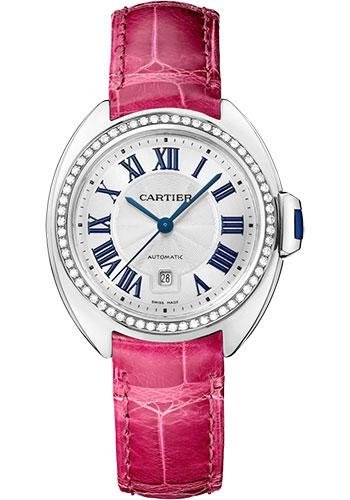 Cartier Cle de Cartier Watch – 31 mm White Gold Diamond Case – White Dial – Fuchsia Pink Alligator Strap – WJCL0050