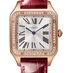 Cartier Santos-Dumont Watch – 43.5 mm x 31.4 mm Pink Gold Case – Silver Satin-Brushed Dial – Bordeaux Leather Strap – WJSA0016