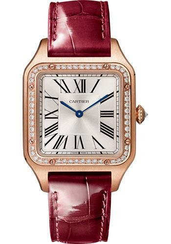 Cartier Santos-Dumont Watch – 43.5 mm x 31.4 mm Pink Gold Case – Silver Satin-Brushed Dial – Bordeaux Leather Strap – WJSA0016