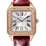 Cartier Santos-Dumont Watch – 38 mm x 27.5 mm Pink Gold Case – Silver Satin-Brushed Dial – Burgundy Leather Strap – WJSA0017